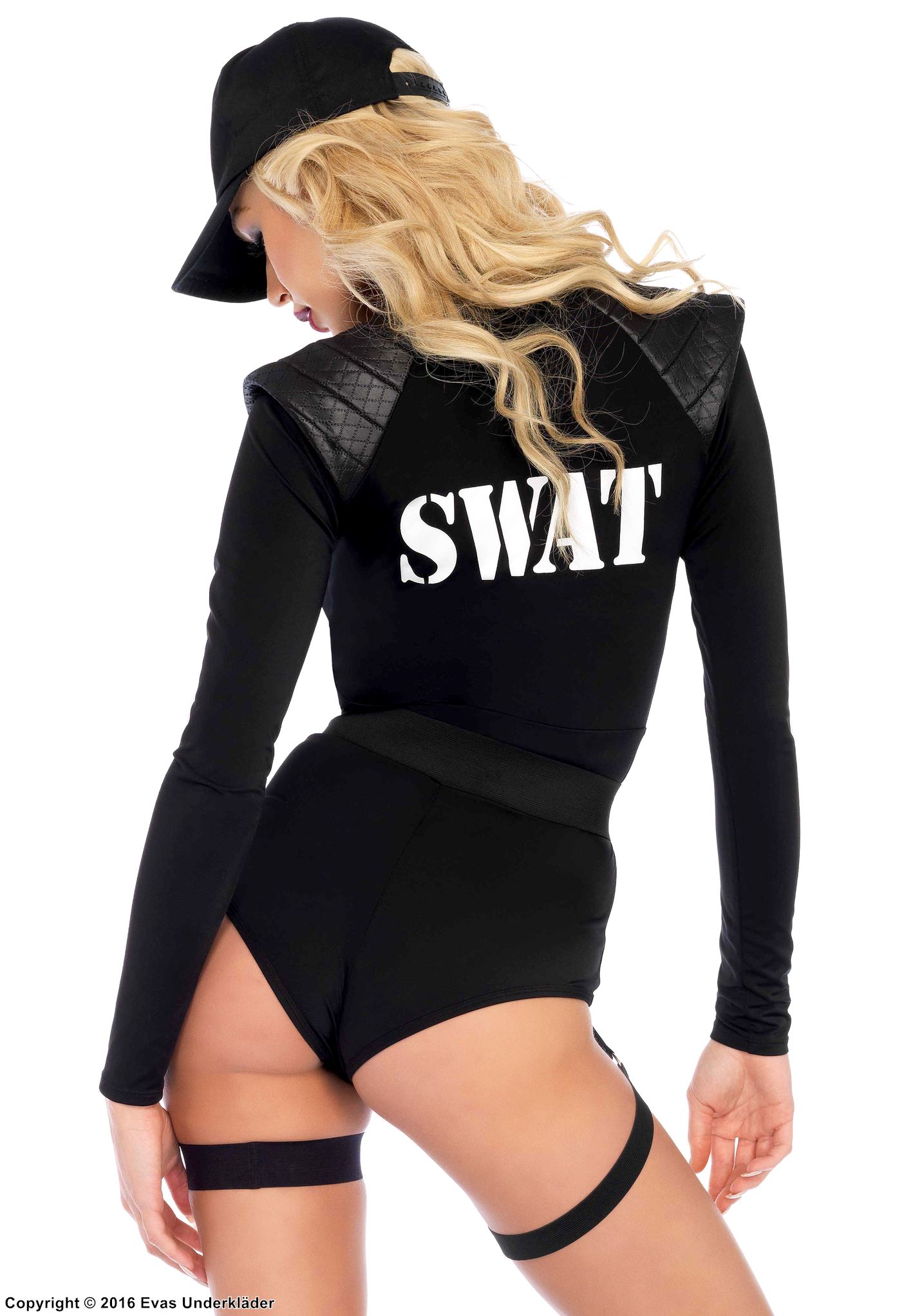 Kvinnlig SWAT-officer, maskerad-teddy med dragkedja på framsidan, långa ärmar och axelpansar